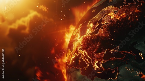 Earth globe under extreme heat from the sun, Europe engulfed in flames and destroyed by fire. Conceptual illustration of global warming, rising temperatures, and climate change disaster.