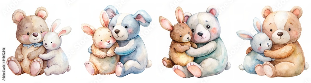 Fototapeta premium Collection of Cute Watercolor Bears Embracing Plush Bunnies in Pastel Colors
