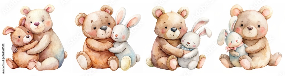 Fototapeta premium Collection of Adorable Watercolor Bears Hugging Plush Bunnies in Various Poses