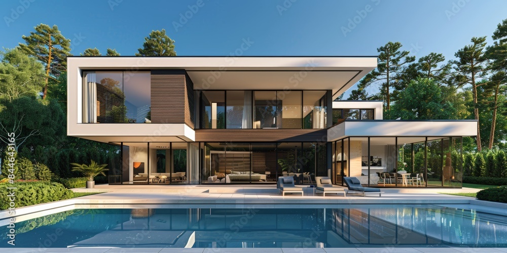 Modern luxury house with a pool and glass facade, featuring sleek architectural design and surrounded by lush greenery, creating a serene and elegant living space. Modern luxury house with a pool and glass facade, featuring sleek architectural design and surrounded by lush greenery, creating a serene and elegant living space.