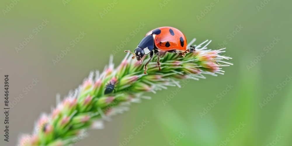 Ladybug on a grass flower, ideal for natural pest control and environmental photography. Ladybug on a grass flower, ideal for natural pest control and environmental photography.
