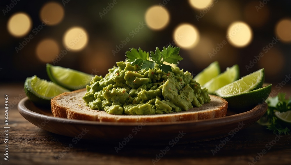 A wooden plate topped with sliced bread smeared in guacamole and finished with a lime wedge. A wooden plate topped with sliced bread smeared in guacamole and finished with a lime wedge.