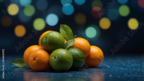 A variety of fruits, including mints, oranges, lemons, and limes, is arranged on a blue surface. photo