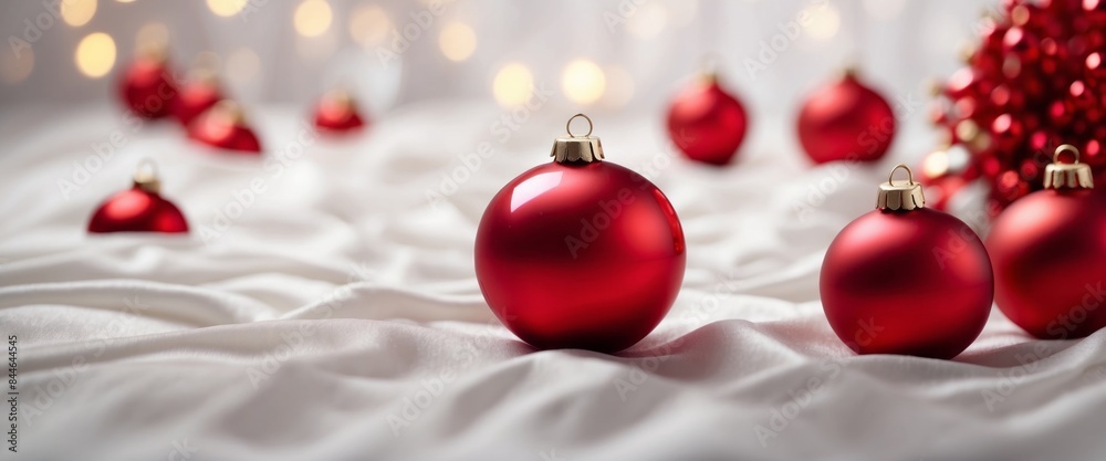 Creative background made of red decorative bauble on white silk sheet Minimal style composition Christmas and New Year concept. Creative background made of red decorative bauble on white silk sheet Minimal style composition Christmas and New Year concept.