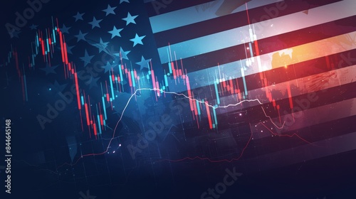 Stock market green red color economy. usa flag background. Trends economic Effect recession on US economy