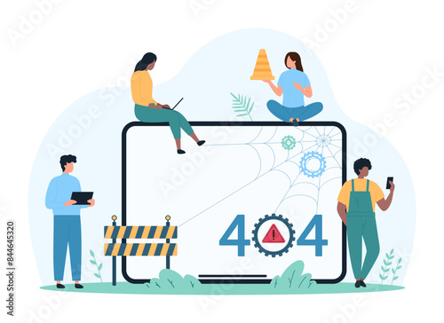 404 error  page not found. Tiny people from technical support work with warning web server message and cobwebs with gear on tablet screen  holding construction barrier cartoon vector illustration