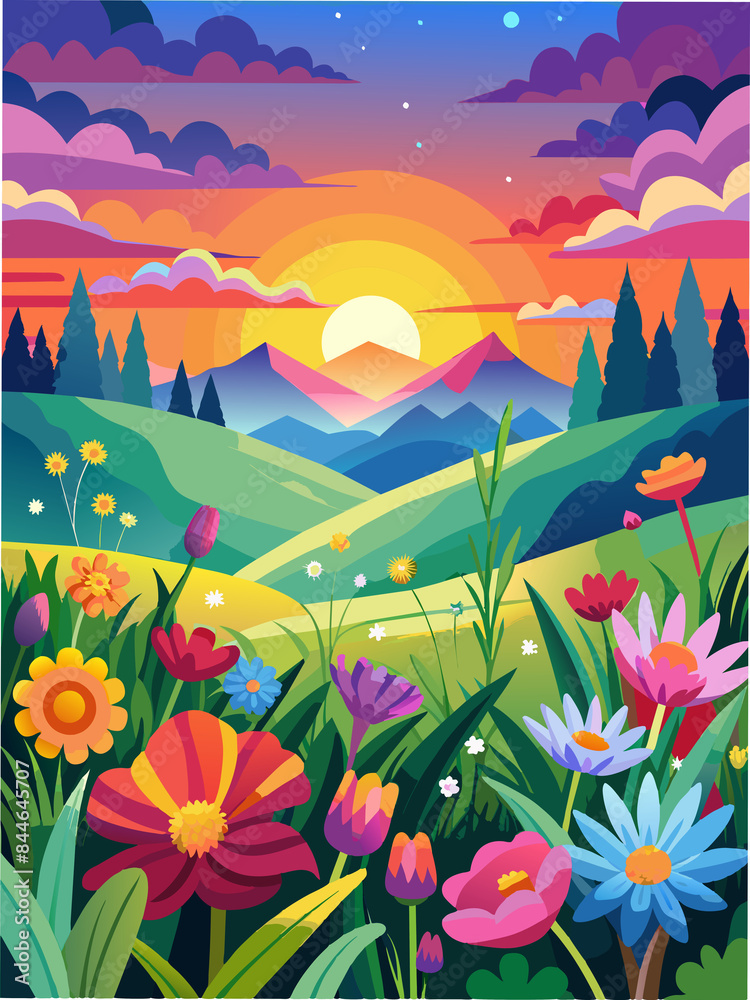 A colorful sunrise over a field of blooming flowers A colorful sunrise over a field of blooming flowers
