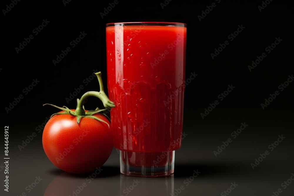 Single glass of tomato juice beside a vibrant ripe tomato on a dark background Single glass of tomato juice beside a vibrant ripe tomato on a dark background