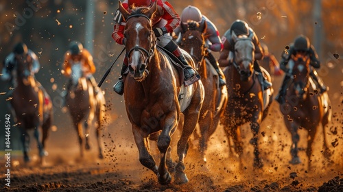 A dynamic image of horse racing, showcasing the power and speed of the horses as jockeys compete in a race with dust flying around © Larisa AI