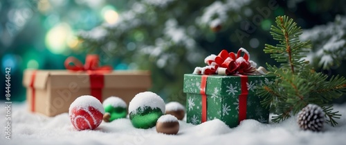 Winter composition with small decorative present boxes, lollipos, snowflakes and green fir tree branch. photo