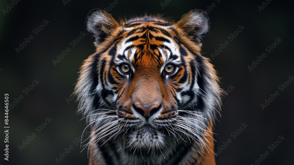 Fototapeta premium Close-up portrait of a tiger with striking detail and deep, intense eyes, set against a dark background