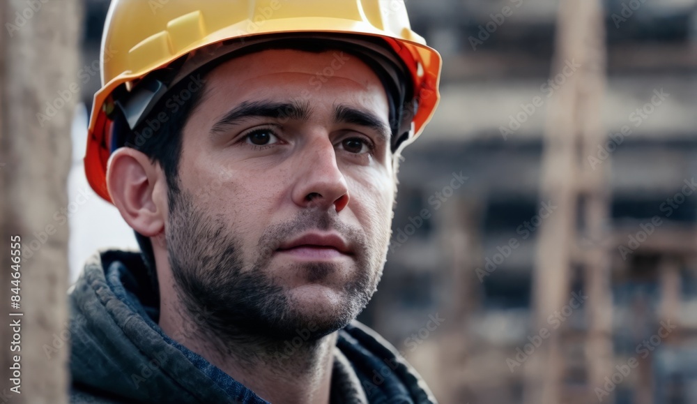 Close-up portrait of a man wearing a helmet on a construction site 
