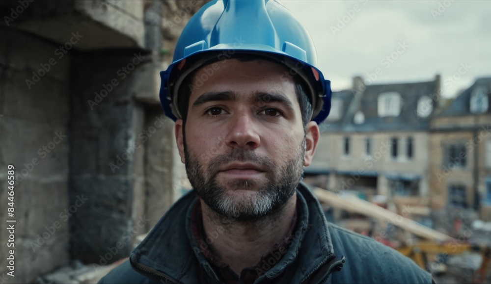 Close-up portrait of a man wearing a helmet on a construction site Close-up portrait of a man wearing a helmet on a construction site