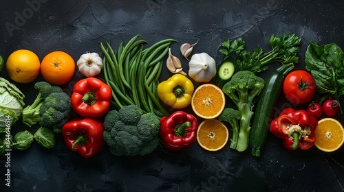 A various vegetables and fruits  arranged in an aesthetically pleasing composition against a dark background