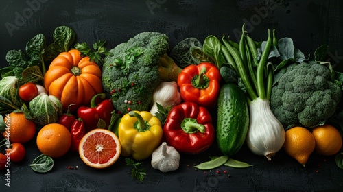 A various vegetables and fruits  arranged in an aesthetically pleasing composition against a dark background