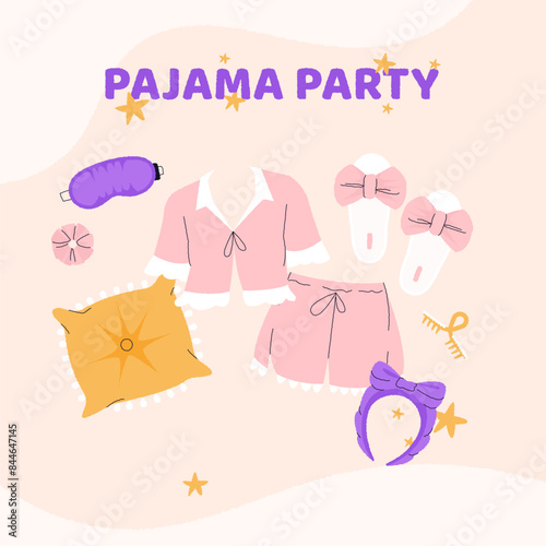 Sleep time accessories. Cartoon girl pajamas with cute slippers, cozy nightwear with sleep mask night time collection. Vector isolated set