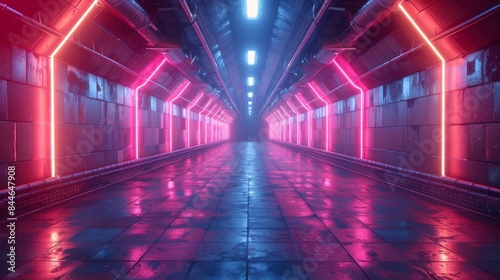 An atmospheric science fiction corridor illuminated by cool neon red and blue lights