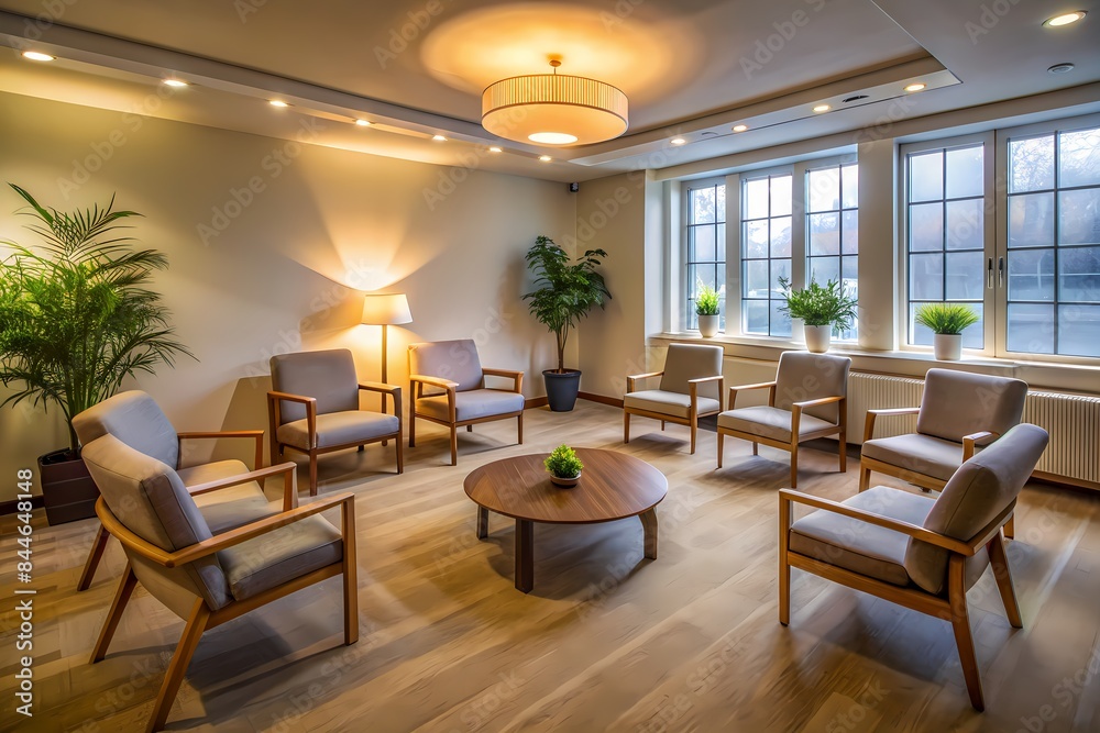 Fototapeta premium Comfy Chairs And A Coffee Table In A Room With Big Windows And Plants