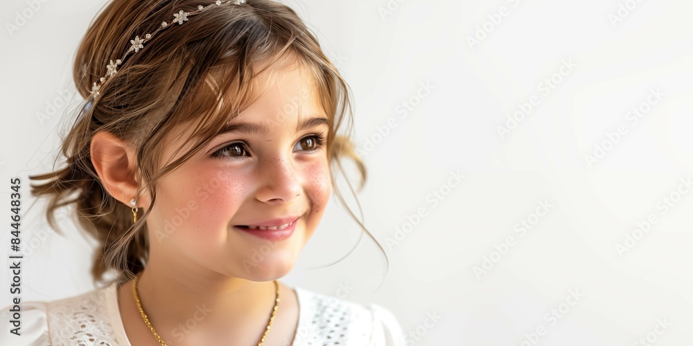 Girl in White Communion Dress with Styled Hair and Hair Accessories on a Light Background. Banner with Copyspace. Shallow Depth of Field Girl in White Communion Dress with Styled Hair and Hair Accessories on a Light Background. Banner with Copyspace. Shallow Depth of Field