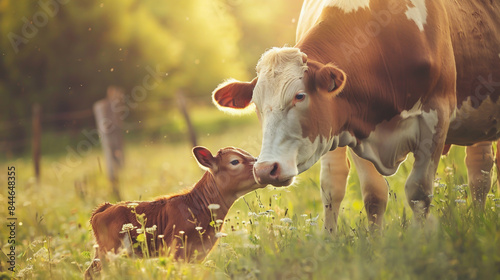 Photo of cute baby cow and her mother in meadow photo