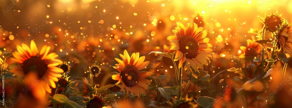 A field of yellow sunflowers with a bright sun in the background generated by AI A field of yellow sunflowers with a bright sun in the background generated by AI