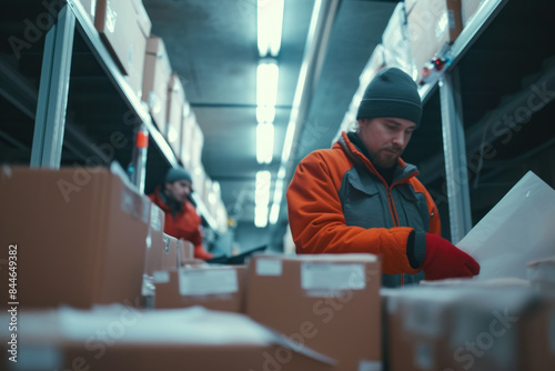 Workers in a cold warehouse sorting packages during the busy Christmas season, dressed warmly in winter gear