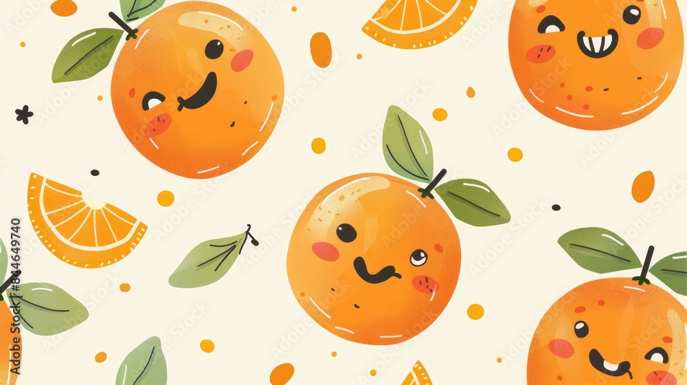 Capture the charm of adorable hand drawn whole orange citrus fruit cartoons sporting cheerful smiles in a seamless 2d pattern illustration These kawaii characters add a delightful touch to Capture the charm of adorable hand drawn whole orange citrus fruit cartoons sporting cheerful smiles in a seamless 2d pattern illustration These kawaii characters add a delightful touch to