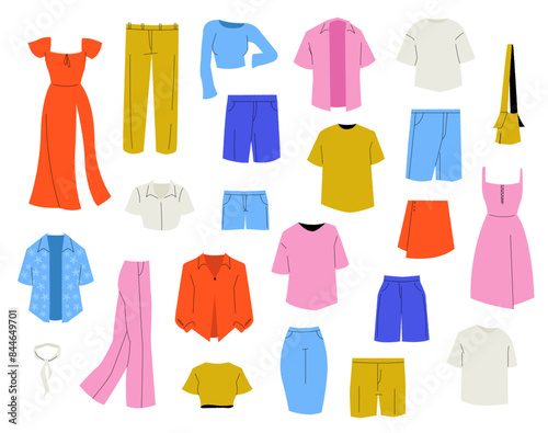 Summer fashion clothes. Trendy summer beach vacation outfits, female and male flat style clothing and accessories. Vector isolated set.