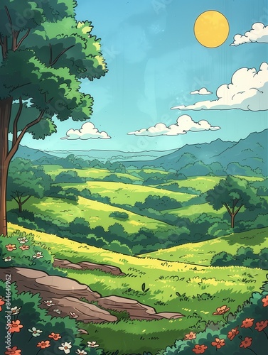 Illustration of a spring landscape with green fields, in the style of a cartoon