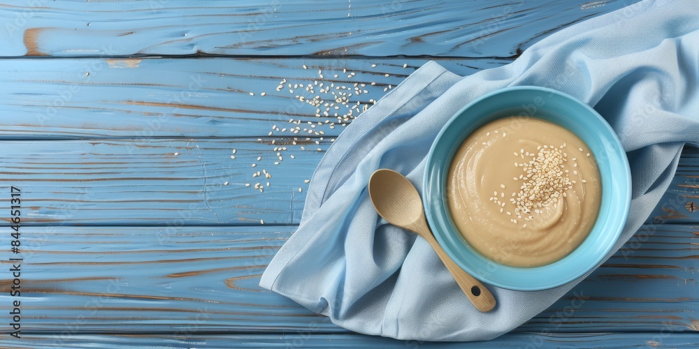 Tasty sesame paste with seeds and a spoon on a blue wooden table, ideal for culinary and ingredient photography. Tasty sesame paste with seeds and a spoon on a blue wooden table, ideal for culinary and ingredient photography.