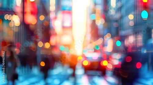 Vibrant bokeh background showcasing the constant rush and movement of city streets with blurred shapes of people and cars at different speeds. .