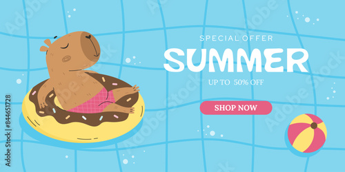 Blue swimming pool with capybara sunbathing banner