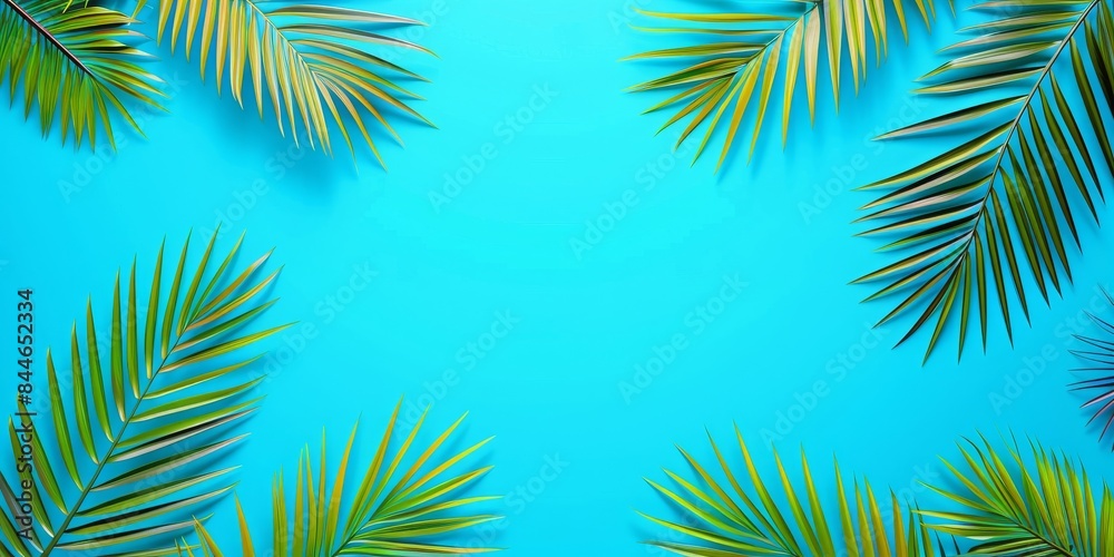Obraz premium Top view of a tropical palm leaf on a blue background, perfect for minimalistic summer visuals.