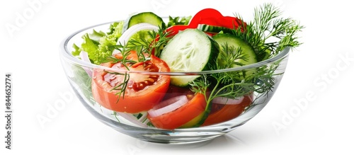 Salad vegetables soar in a glass bowl: tomato, pepper, cucumber, onion, dill, and parsley on a white background.