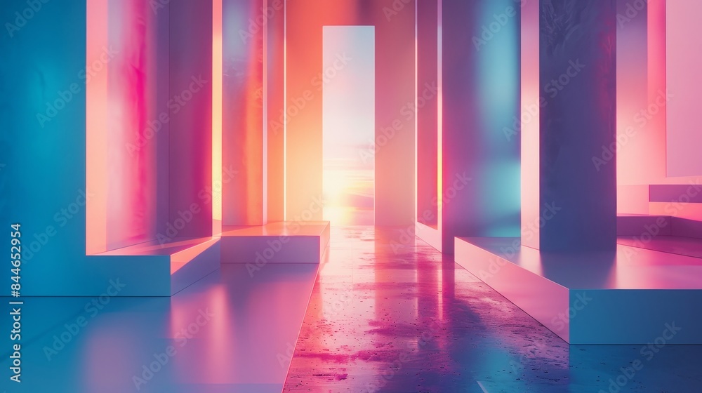 A long hallway with a bright pink and orange wall A long hallway with a bright pink and orange wall