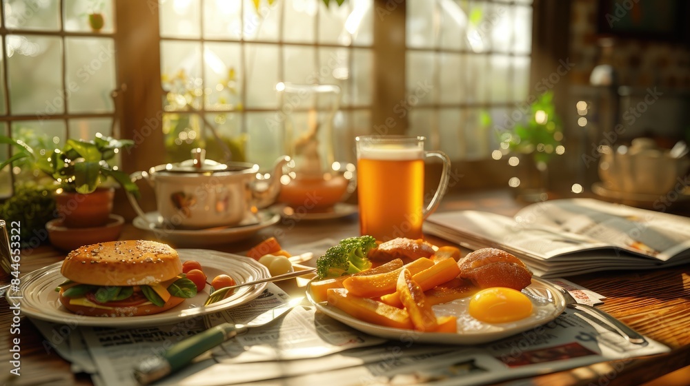 A cozy breakfast table with a burger, fried eggs, french fries, tea, and beer set by a sunny window. A cozy breakfast table with a burger, fried eggs, french fries, tea, and beer set by a sunny window.