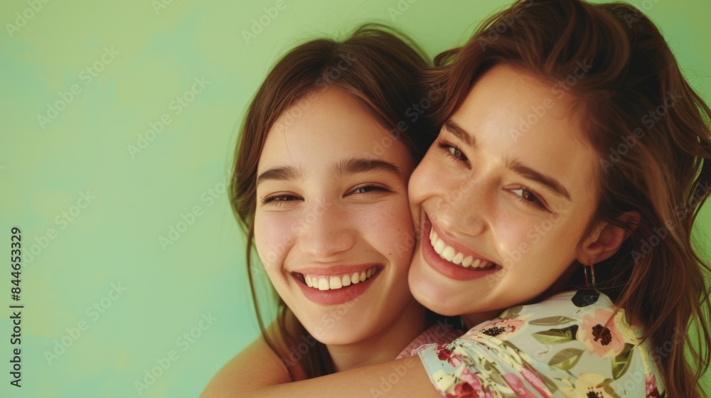 Beautiful young woman hugging her happy mother on green background. International Hug Day Beautiful young woman hugging her happy mother on green background. International Hug Day