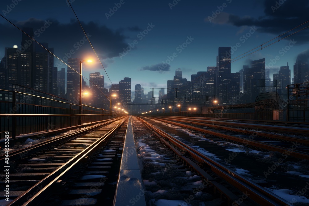 Obraz premium Atmospheric evening view along urban train tracks leading into a city skyline