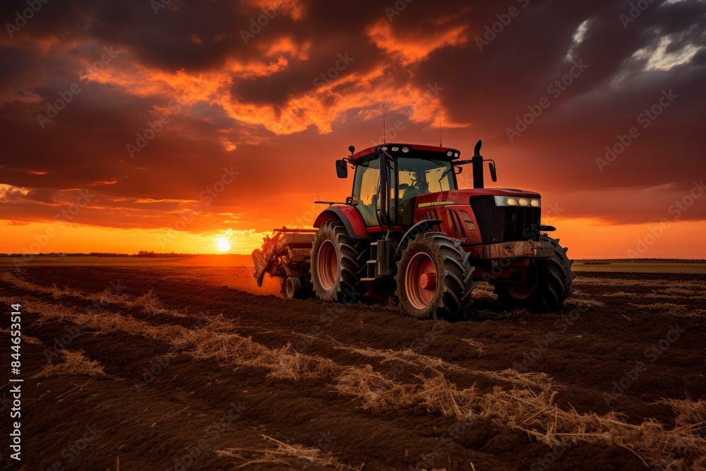 Tranquil Tractor field spraying sunset. Nature harvest. Generate Ai Tranquil Tractor field spraying sunset. Nature harvest. Generate Ai