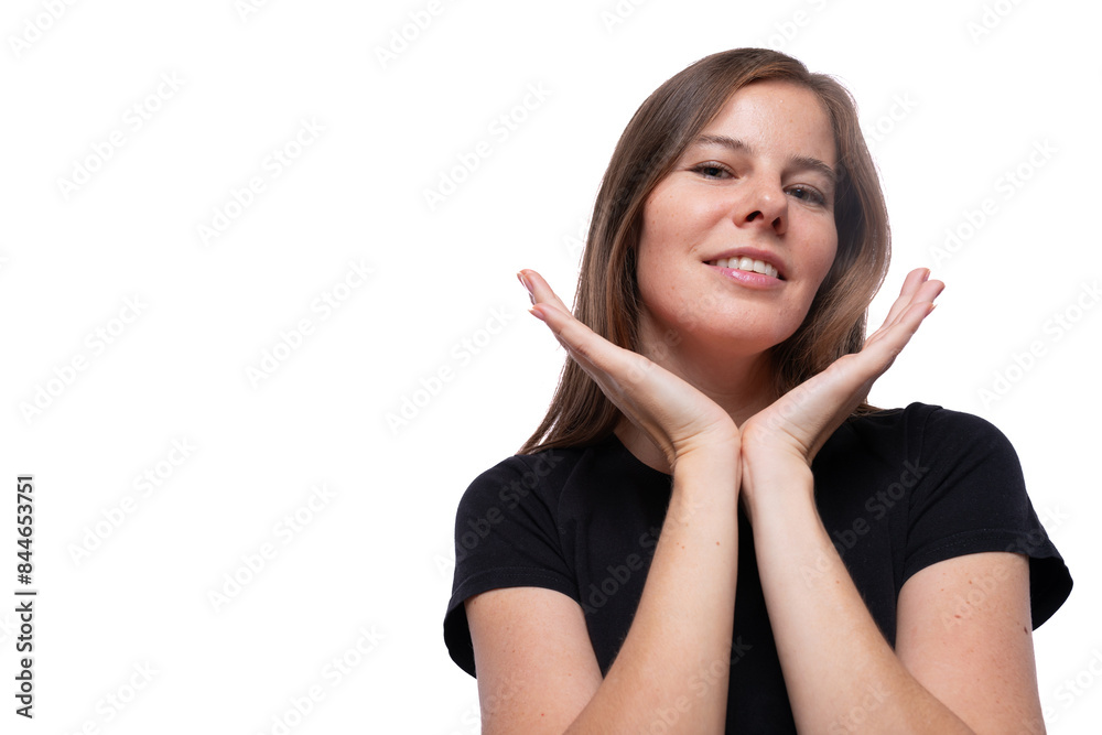 Portrait of a slim pretty young woman with brown hair on a white background Portrait of a slim pretty young woman with brown hair on a white background