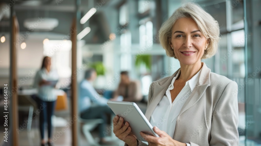 Business woman smiling at the camera while holding a tablet pc. Mature business woman standing in an office with her colleag Business woman smiling at the camera while holding a tablet pc. Mature business woman standing in an office with her colleag