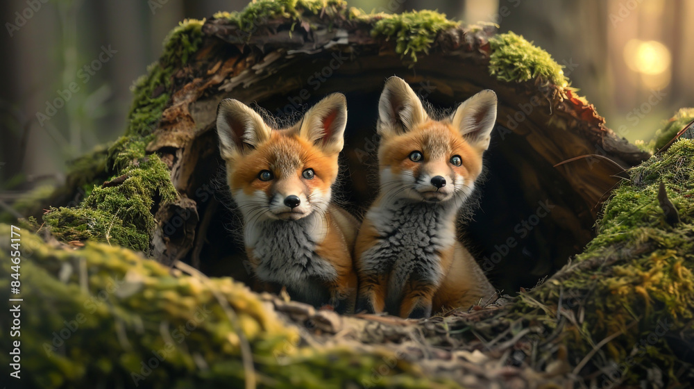 Obraz premium Photorealistic image of two fox cubs in a den