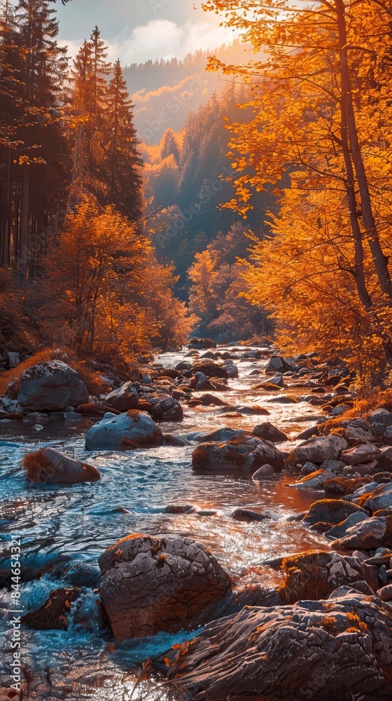 autumn mountain river landscape at sundet autumn mountain river landscape at sundet