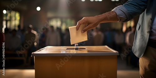 A Latin man's hand casting a vote in a ballot box during an election campaign. Concept Social Justice, Voting Rights, Political Participation, Civic Duty, Democracy