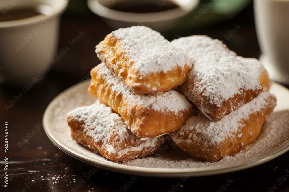 Delectable Traditional beignets. Sugar dessert food. Generate Ai