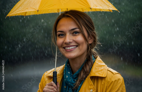 Undeterred by Rain: A Happy Woman Walk with an Umbrella in the City photo