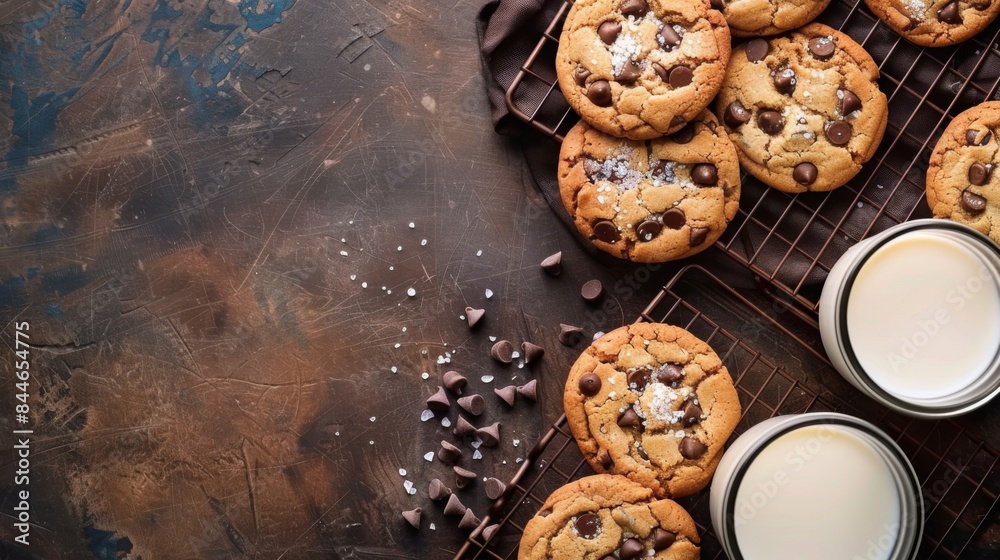 Chocolate chip cookies on a cooling rack with flaky salt served with cold milk. copy space