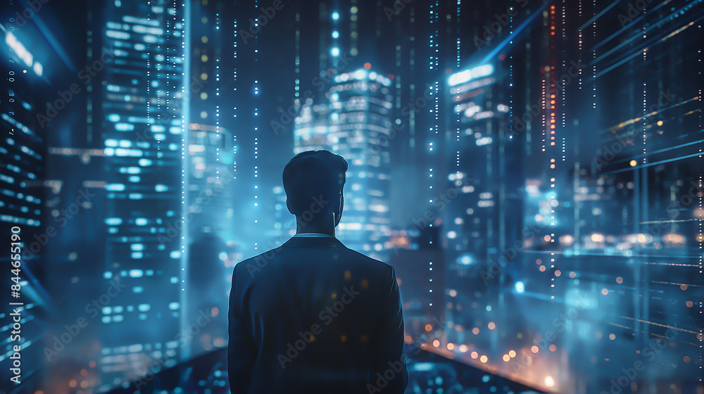 A business man stands in front of an office building, highlighting his confident expression as he gazes at digital data. A business man stands in front of an office building, highlighting his confident expression as he gazes at digital data.