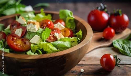 Fresh summer salad with mixed greens, cherry tomatoes, and feta cheese in a wooden bowl on a rustic table.