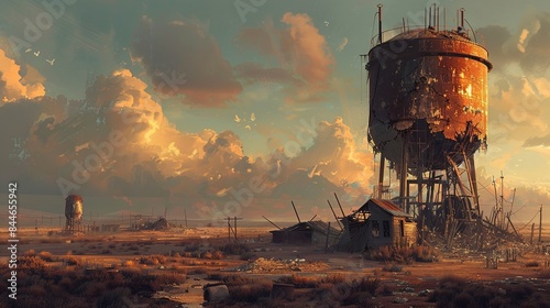 A toppled water tower overshadowing a deserted town its rusted tank precariously balanced on a collapsed support photo